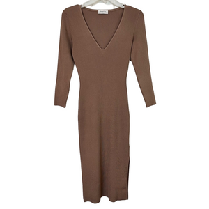 Babaton Ribbed Ponte Knit Contour Dress Brown V-Neck Midi Sexy Women's Small